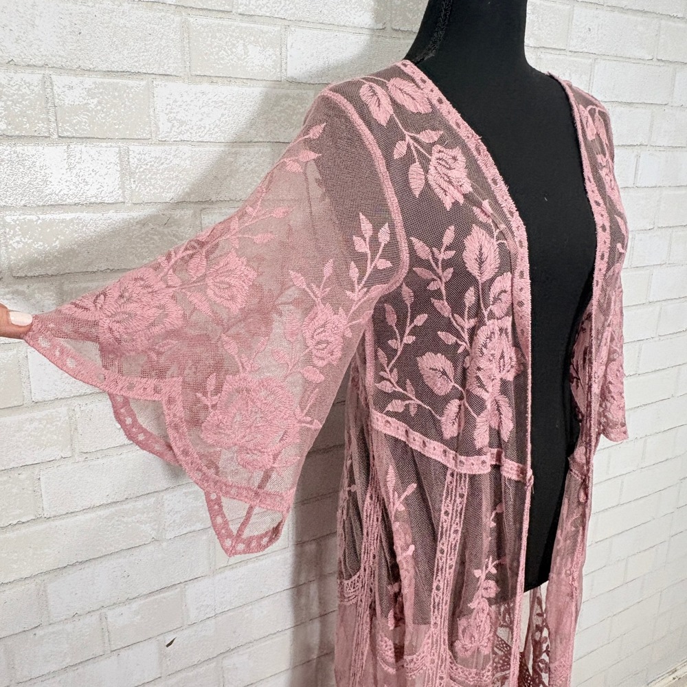 Open Sheer Lace Kimono Duster Size L Boho Whimsigoth Fairy Romantic Layering - Picture 5 of 11